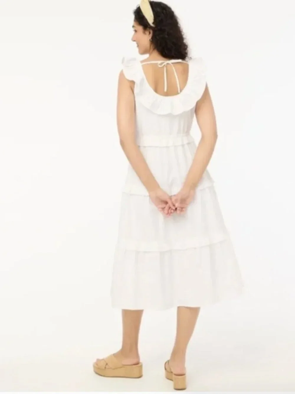 J. Crew White Swiss Dot Printed Ruffle Tiered Midi Dress w Tie Back - Size 20